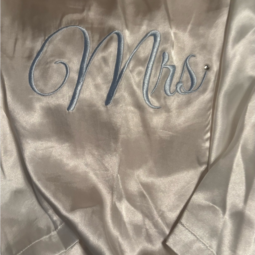 Bridal Elegant Cream Satin Robe With Blue Embroidery